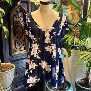 Anthropologie navy chiffon floral peasant top